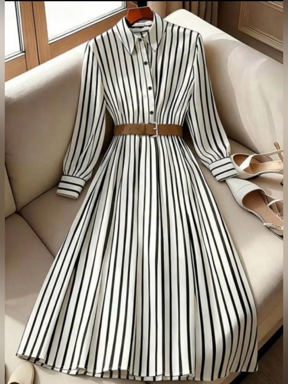 Women’s Classic Black & White Striped Dress with Belt Long Sleeve Size XL